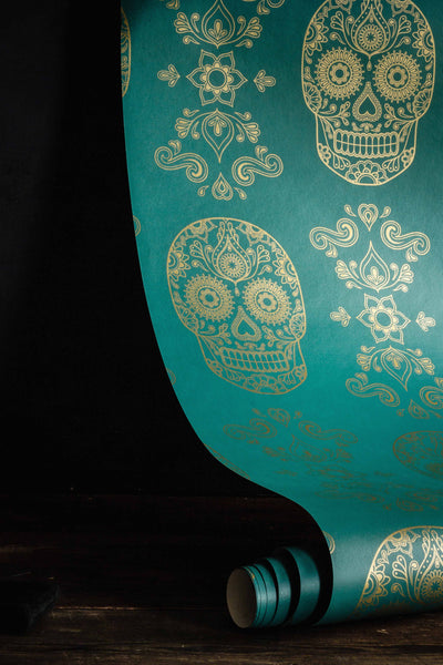 Skull Wallpaper Sample - Teal & Gold-Anatomy Boutique-Anatomy Boutique