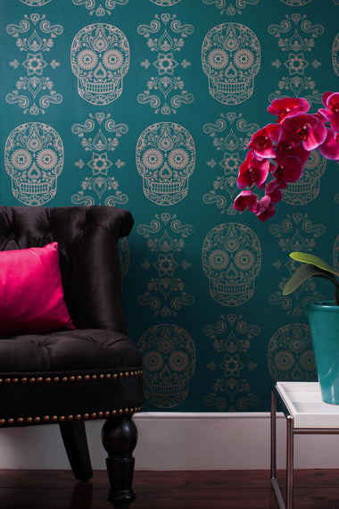 Sugar Skull Wallpaper - Teal & Gold-Anatomy Boutique-Anatomy Boutique